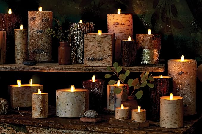 Luminara Real Birch Bark Wrapped Flameless LED Candle, 4" x 5.3", Battery Operated Moving Flame Pillar Light with Timer - Natural Decor Unscented