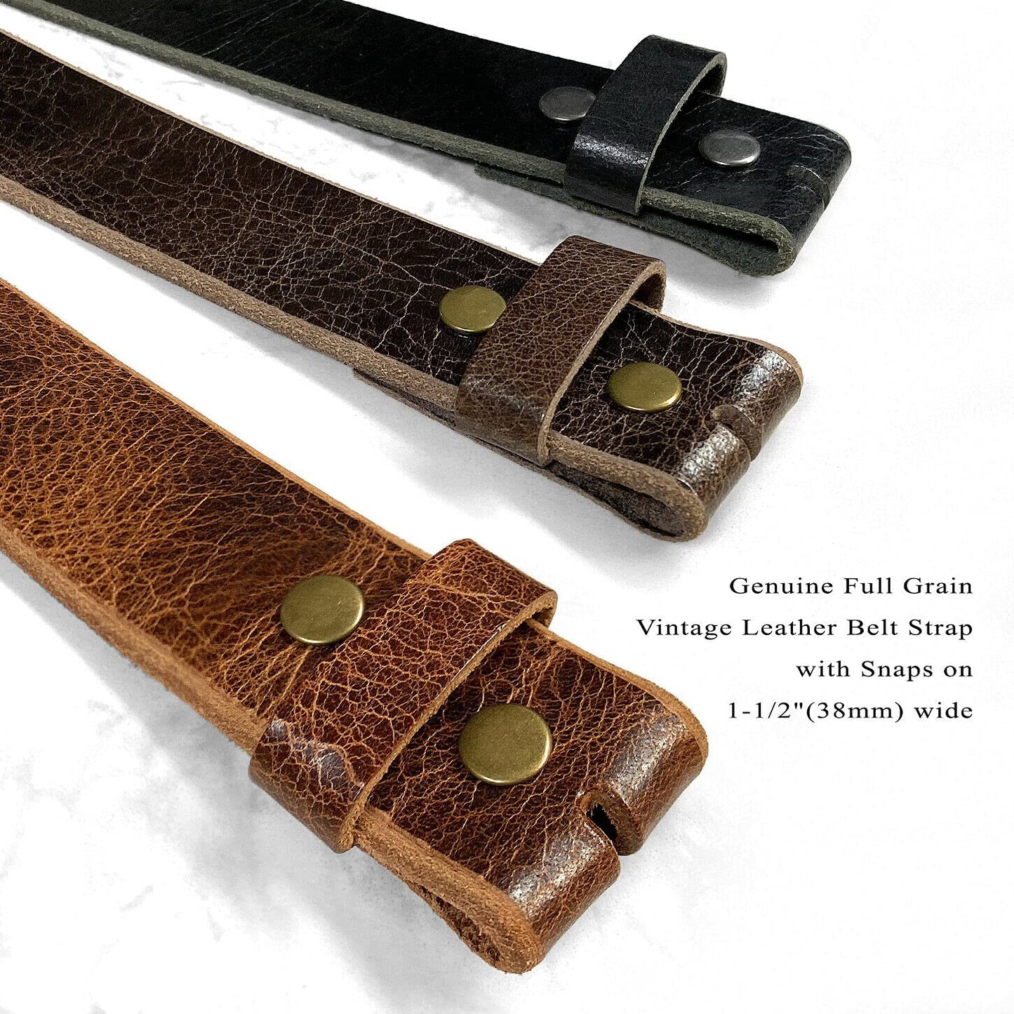 BS304 Genuine Full Grain Vintage Leather Belt Strap with Snaps on 1-1/2"(38mm) wide (Tan, 34)