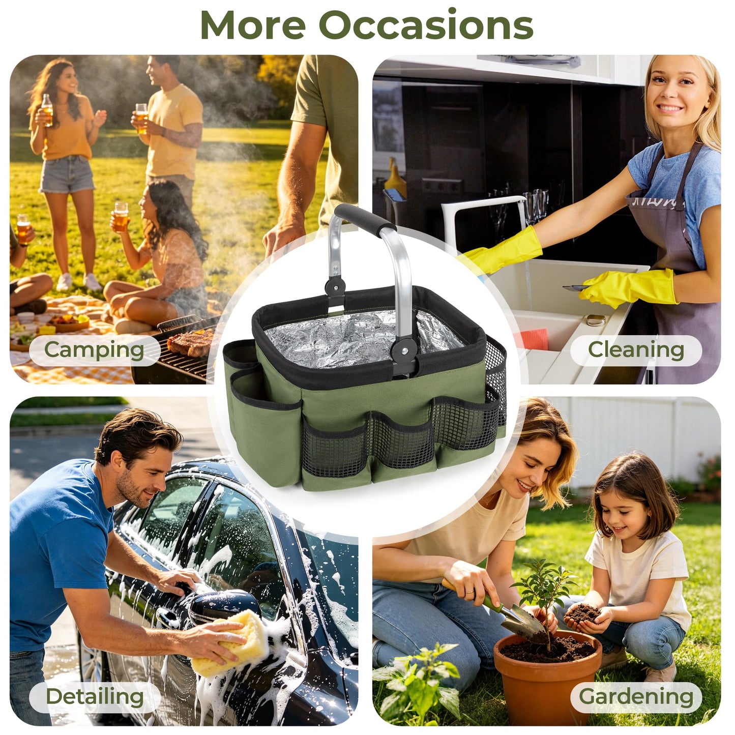 PGmoon Grill and Picnic Caddy, Foldable BBQ Tool Caddy with Rotated Handle, Multi-Pocket Grill Utensil Storage Bag for Outdoor Camping Picnic Patio Barbecue Accessories, Green