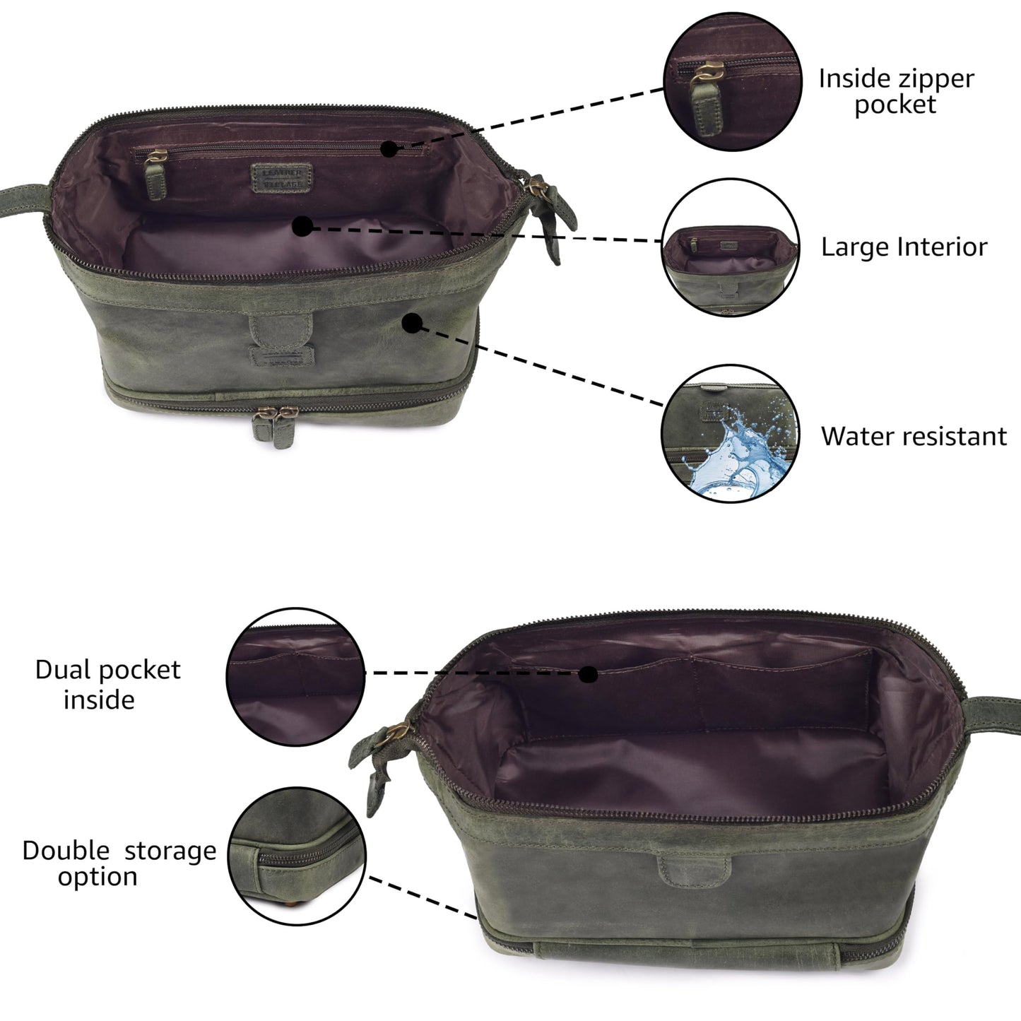 LEATHER VILLAGE Genuine Leather Dopp Kit – Large Travel Toiletry Bag with Waterproof Lining, Dual-Zip Design for Men & Women, Organizer for Shaving, Makeup & Essentials - Olive