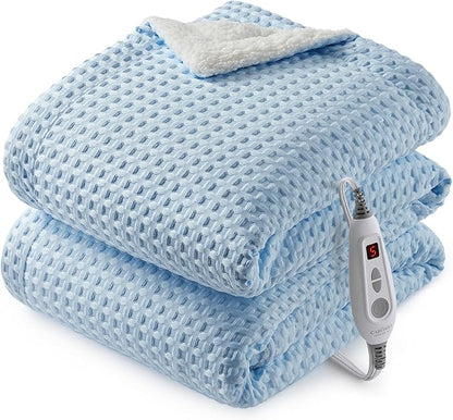 CAROMIO Heated Blanket Throw, Waffle Weave Electric Throw Blanket Fast Heating with LCD Controller, 6 Heat Levels & 4 Hour Auto Shut Off, ETL Certified, Machine Washable, Light Blue, 50" x 60"