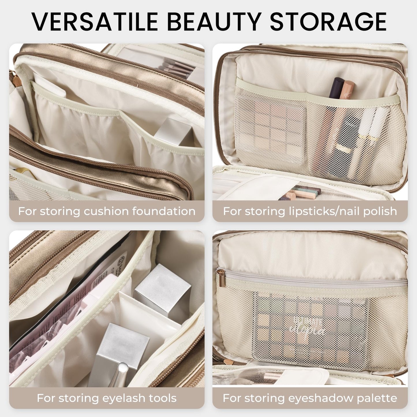 Travel Makeup Bag Women's Large Capacity Cosmetic Portable Organizer Large Opening Waterproof Storage Toiletry Bags Vertical Free-Standing Brush Holder for Easy Access Copper