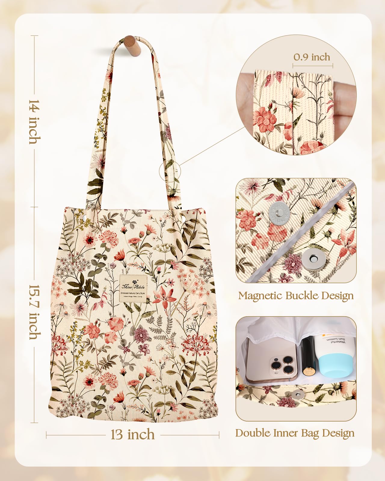 Miss Adola Corduroy Tote Bag for Women - Reusable Totes with Inner Pocket & Buckle Cute Aesthetic Design Cloth Shopping Grocery Shoulder Bag for Work Travel, Flower