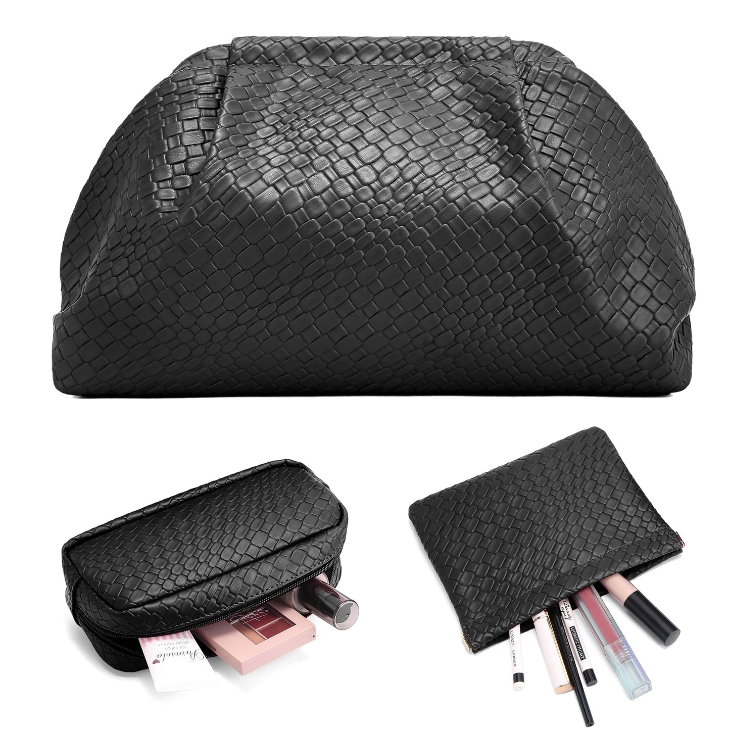 BOYATU Travel Makeup Bags for Women: Elegant Evening Woven Vegan Leather Make up Bag Clutch – 3 Pcs Set Large Capacity Compact Cosmetic Organizer for Purse,Bride Bridesmaid Gift (Black)