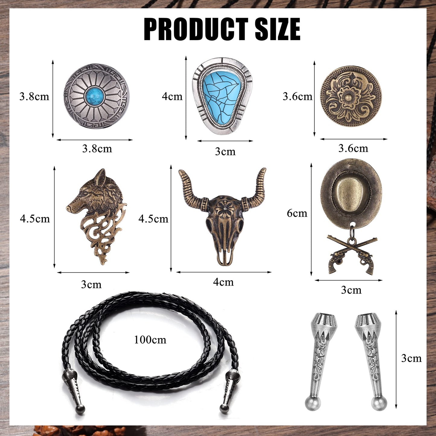 Subiceto 6Pcs Bolo Tie for Men Women Western Cowboy Natural Turquoise Tiger Eye Stone Handmade Shape Round Leather Necktie Vintage Native American Bola Tie Set Wolf