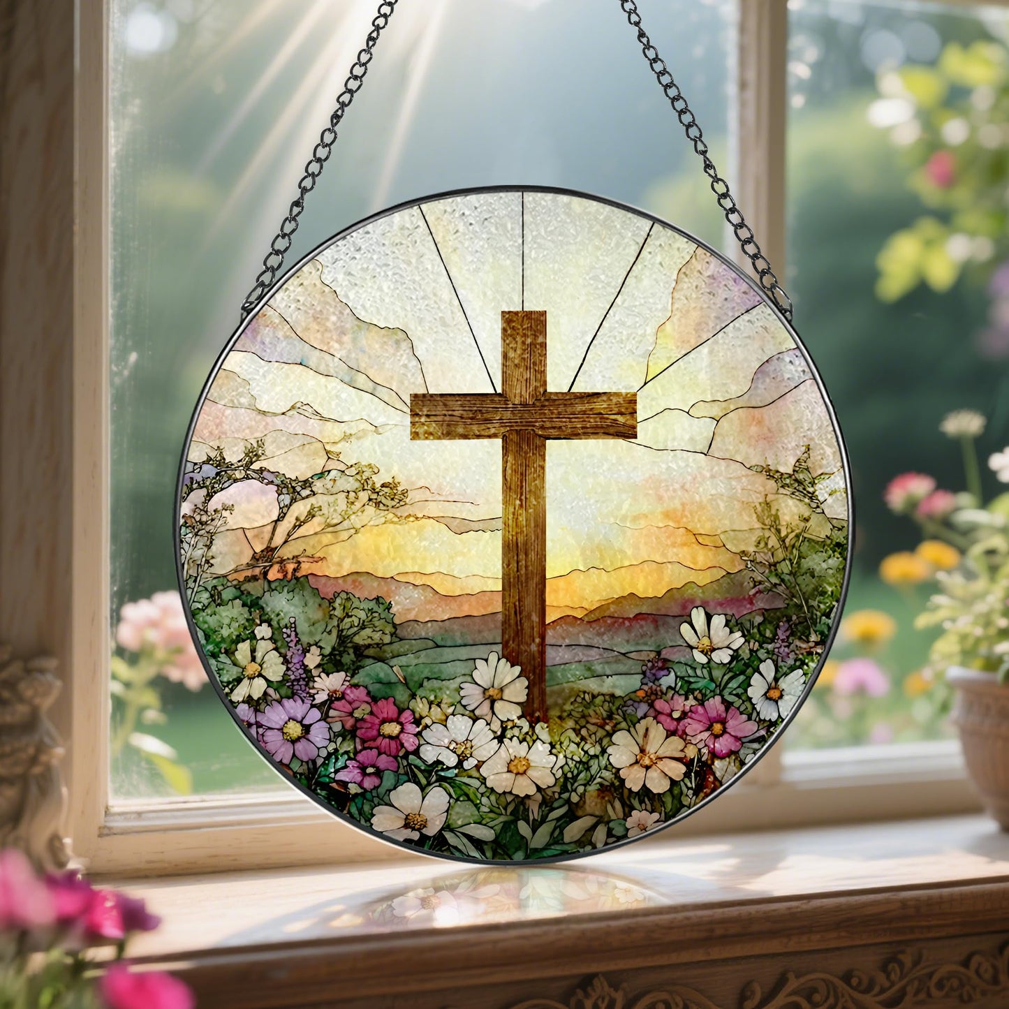 8 Inch Stained Glass Cross and Wildflowers Suncatcher Christian Stained Glass Windows Hanging Flower Cross Gift for Religious Easter Faith Christian Gifts Religious Home Decor