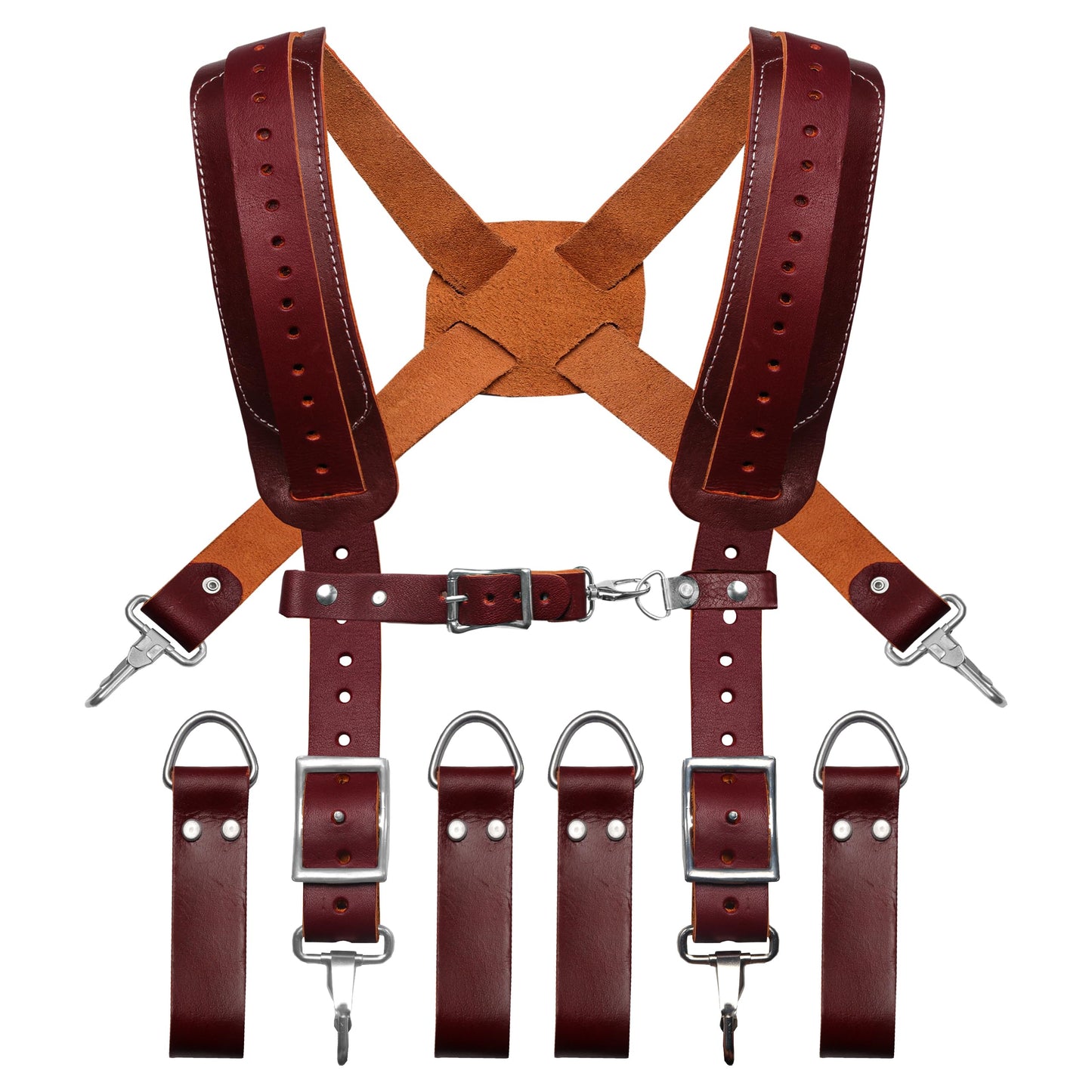 FUERI Maroon Full Grain Leather Tool Belt Suspender for Men | Heavy Duty Tools Suspenders with Foam Padding on Shoulder | Adjustable Suspender With 4 Loops for Carpenters and Electricians