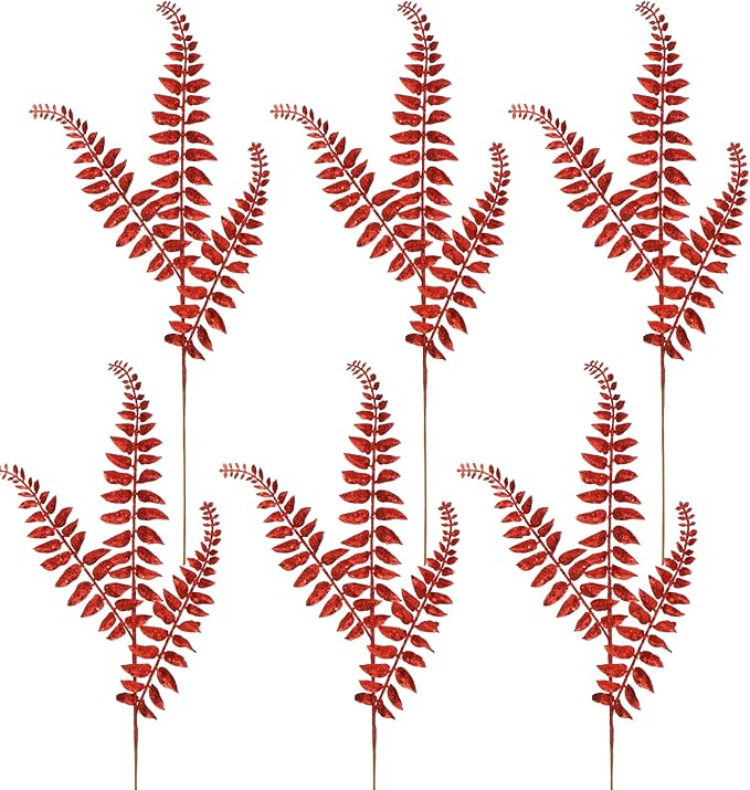 DILATATA 6Pcs Christmas Glitter Leaves Boston Fern Leaves 25" Artificial Red Fern Leaf Picks Sprays Giltter Stems for Christmas Tree DIY Xmas Wreath Garland Home Decor - Red