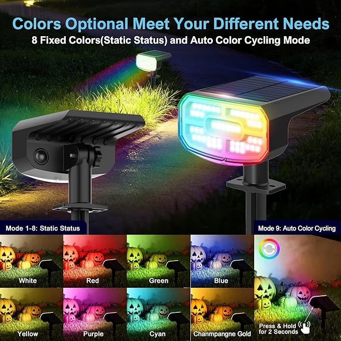 Color Changing Solar Spot Lights Outdoor Waterproof IP65,9 Lighting Modes Multicolor RGB Halloween Spotlight for Porches Yard Gardens Landscape Deconrations-6 Pack