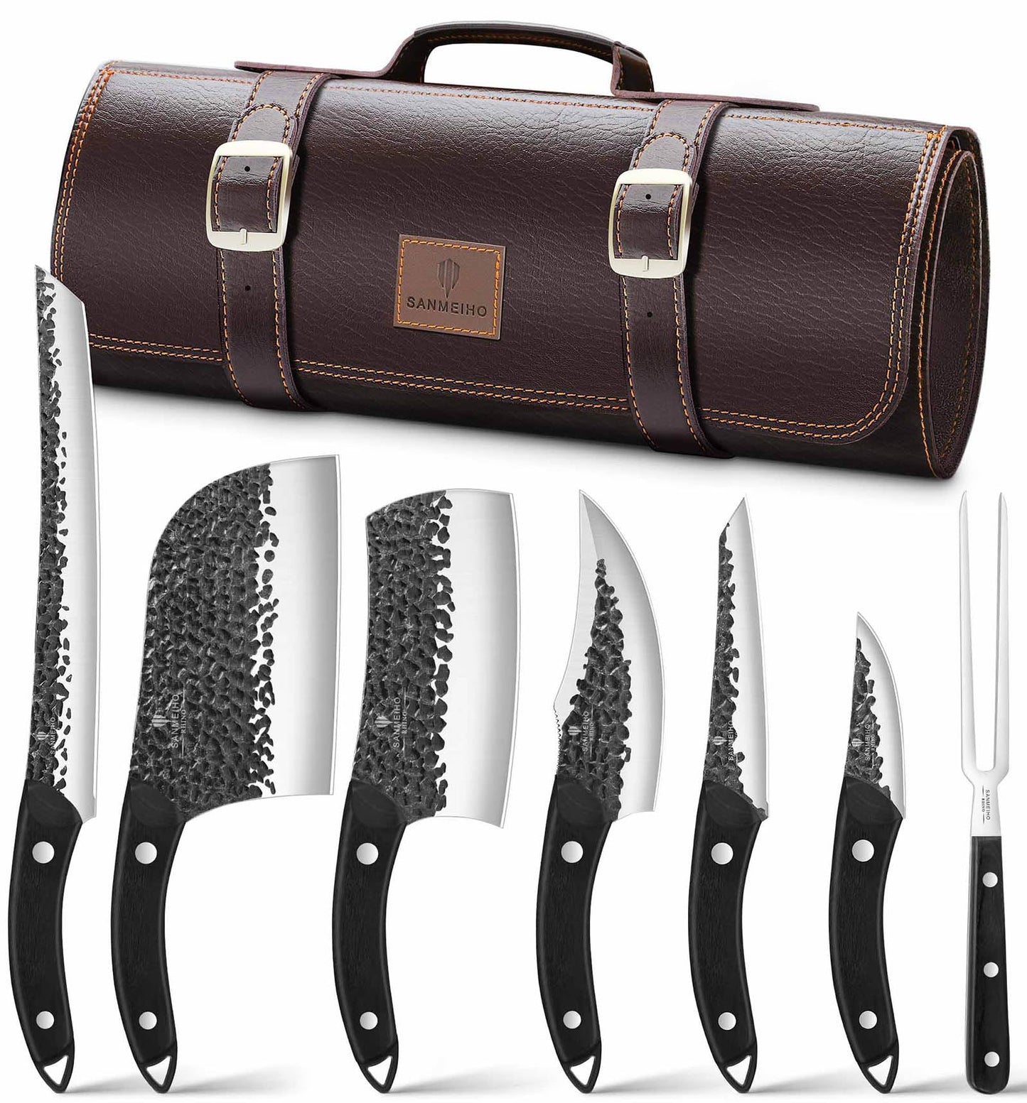 SANMEIHO 8 PCS Butcher Knife Set, Japanese Kitchen Knife Set, Hand Forged Chef Knife Set with Leather Roll Bag, Sharp Meat Cleaver Knife for Kitchen & Hunting & Camping & BBQ, Best Gift for Men