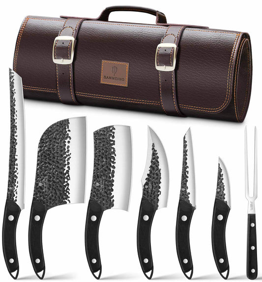 SANMEIHO 8 PCS Butcher Knife Set, Japanese Kitchen Knife Set, Hand Forged Chef Knife Set with Leather Roll Bag, Sharp Meat Cleaver Knife for Kitchen & Hunting & Camping & BBQ, Best Gift for Men