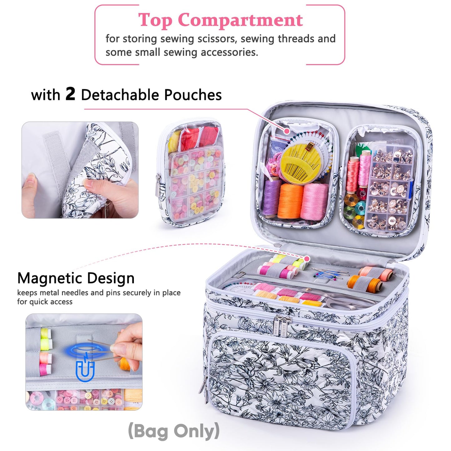 AMOIGEE Double-Layer Sewing Organizer Storage Bag with 2 Detachable Pouches, Large Quilted Sewing Basket for Supplies & Tools, Portable Travel Sewing Kit Case, Gift for Mom(BAG ONLY)