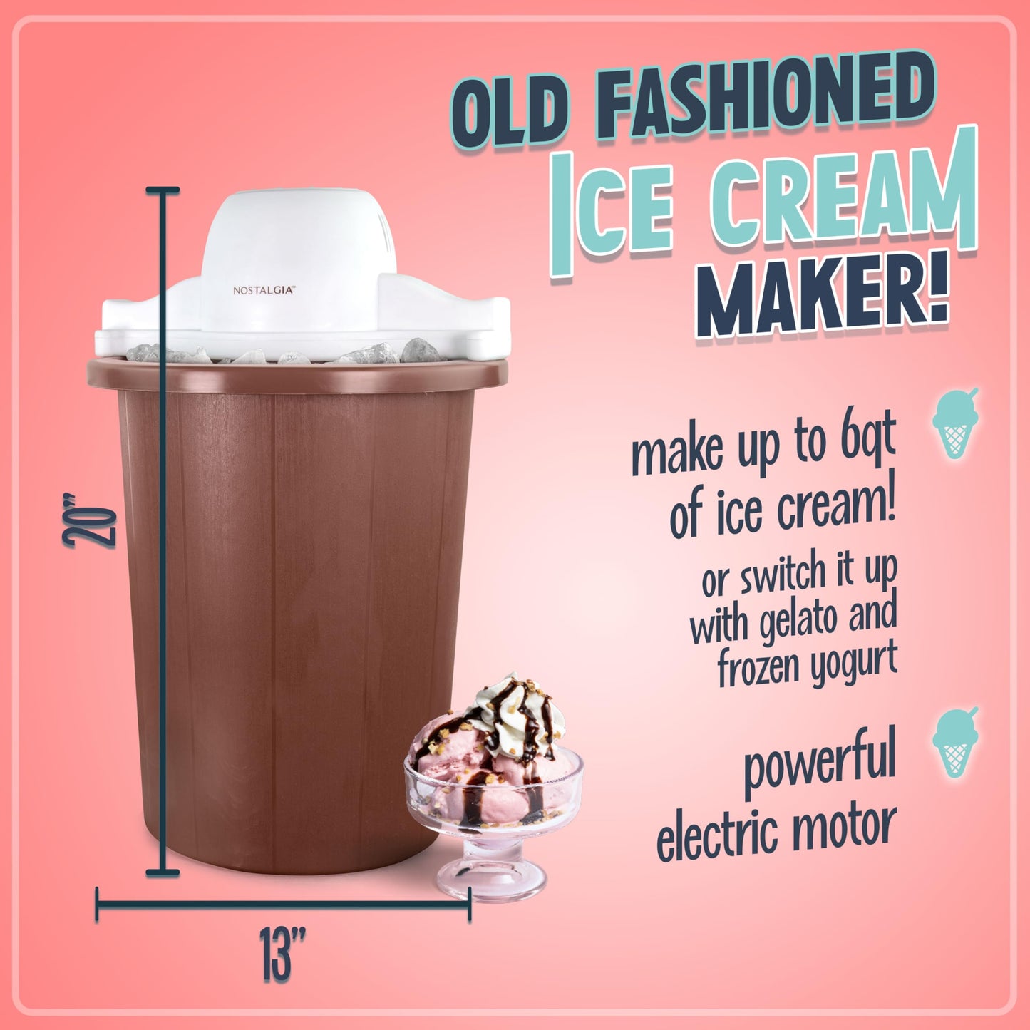 Nostalgia Electric Ice Cream Maker - Old Fashioned Soft Serve Ice Cream Machine Makes Frozen Yogurt or Gelato in Minutes - Fun Kitchen Appliance - Vintage Wooden Style - Light Wood - 4 Quart
