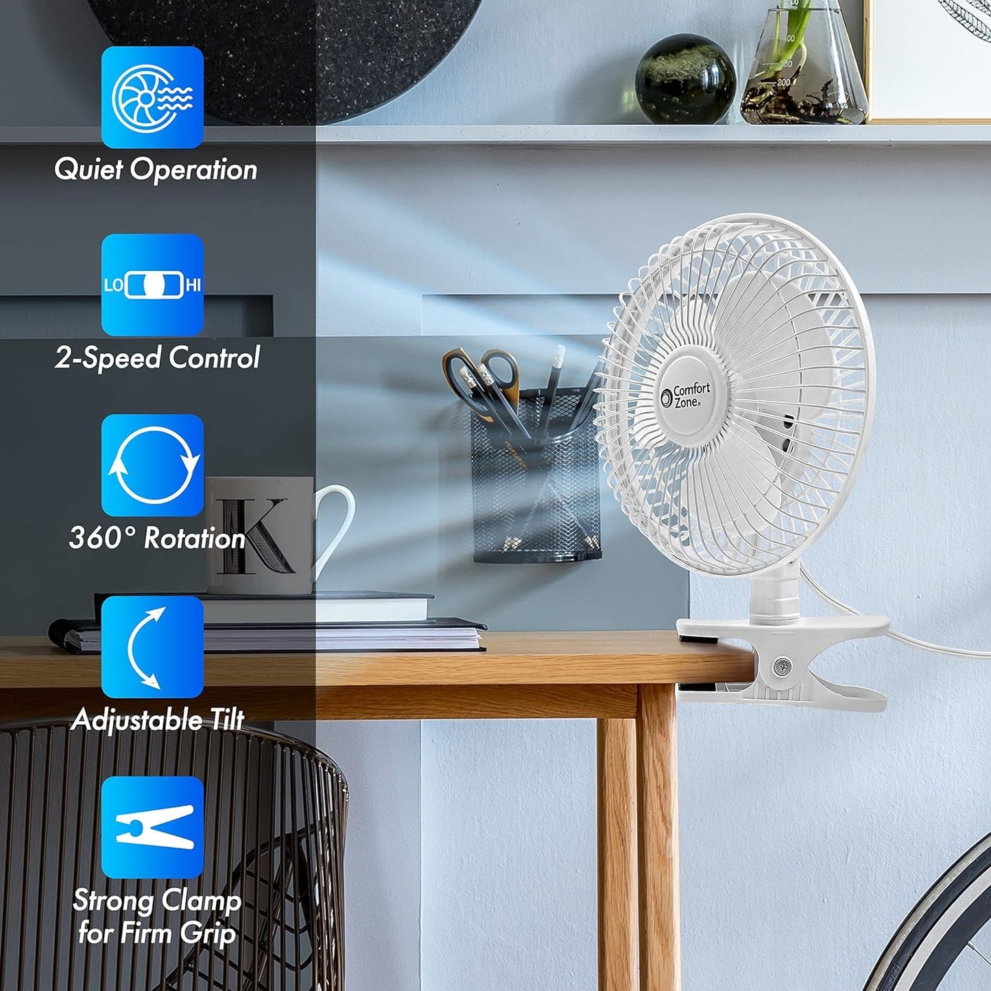 Comfort Zone Portable Clip on Fan, 6 inch Stroller Fan with Fully Adjustable Tilt, Quiet 2 Speed Bedside Fan, Mini Desk Fan, Table Fan, Easily Clip on to Desk, Stroller or Bedroom Nightstand, Black