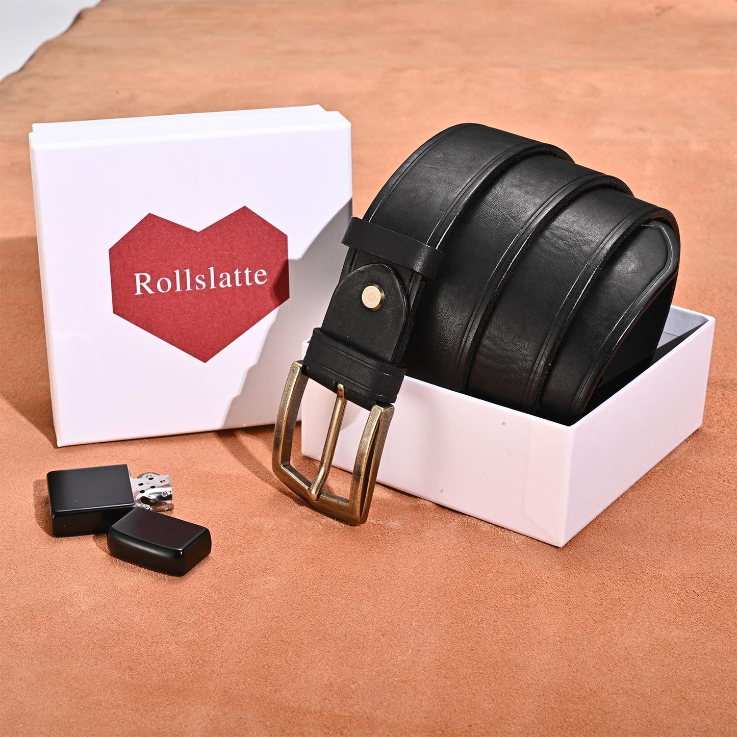 Rollslatte Men Leather Belt with Retro Brass Buckle, Plain Black Western Cowboy Real Italian Full Grain Genuine Pure Leather Mens Belts Casual for Jeans Size 34