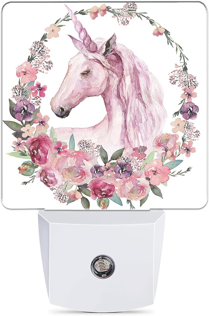 Pink Unicorn Night Light, Floral Night Lights Plug into Wall Decor for Bedroom, Bathroom, Hallway, Kitchen, Dusk to Dawn Sensor Nightlights for Boys Girls Women Men Room Gifts