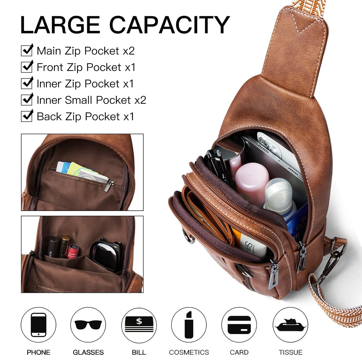 LATMAP 7L Sling Bag for Women Men Leather Small Sling Backpack Daypack Anti Theft Fanny Pack Crossbody Purse Travel, Brown
