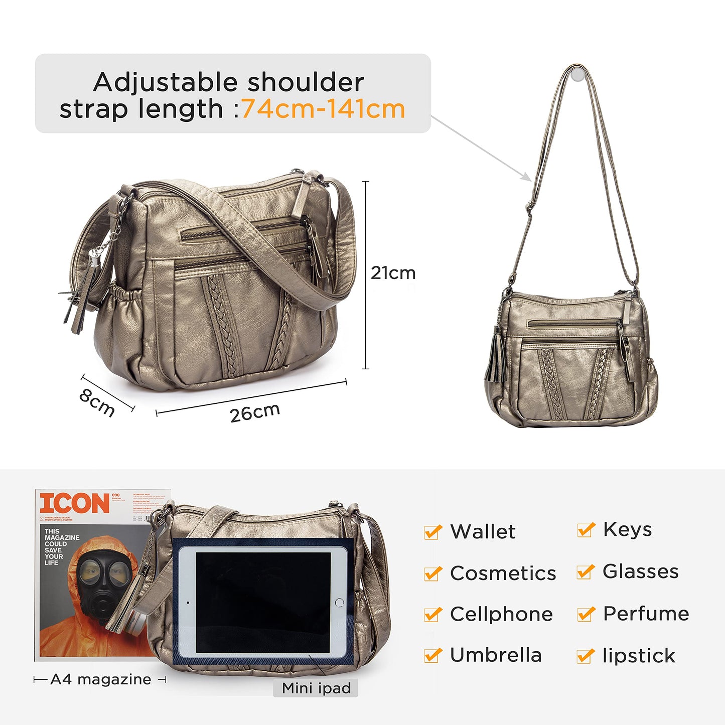VOLGANIK ROCK Crossbody Bag for Women with Tassel Ladies Soft PU leather Purses and Handbag Pocketbooks
