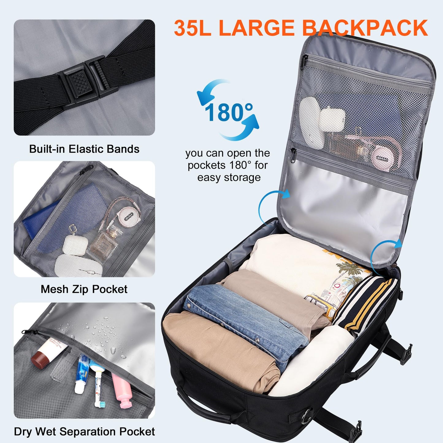 PIJUSHI Travel Backpack for Women Convertible Carry-On with Shoe Compartment Fits 16" Laptop TSA-Friendly for Work, Trips(PE038 Black)