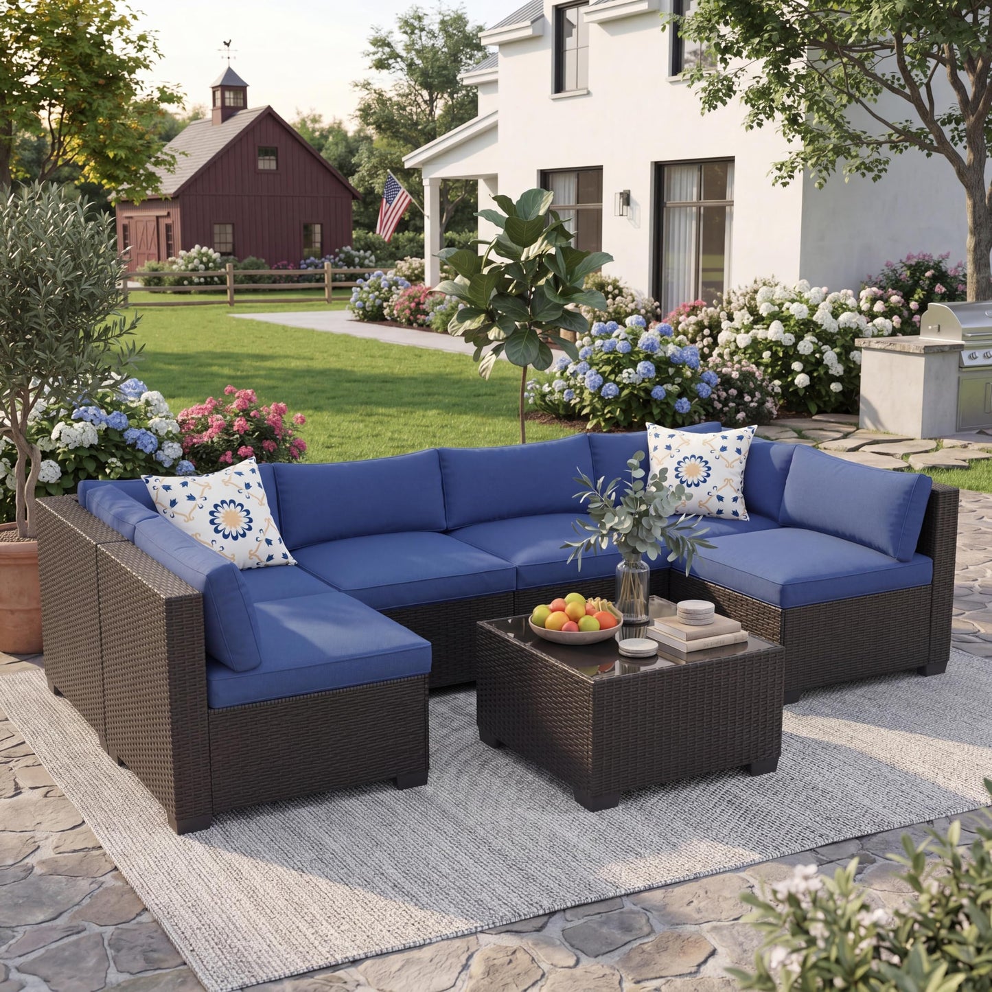 GarveeHome 7-Piece Modular Outdoor Patio Set, Sectional Rattan Wicker Sofa with Water-Resistant & Washable Thick Blue Cushions, Includes Coffee Table, Black Frame for Garden, Deck, Poolside