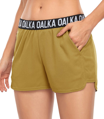Oalka Women's Running Shorts Out Side Pockets Sports Athletic Workout Fittness Lightweight Gym Shorts Mustard L