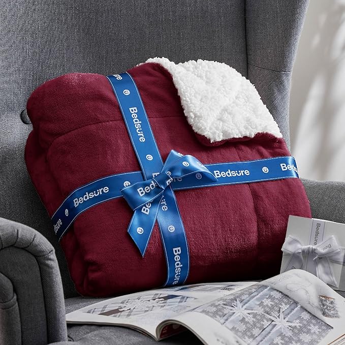 Bedsure GentleSoft Sherpa Fleece Blankets Queen Size for Bed - Thick and Warm Throw for Women, Soft Fuzzy Plush Queen Christmas Blanket for Winter, Burgundy, 90x90 Inches