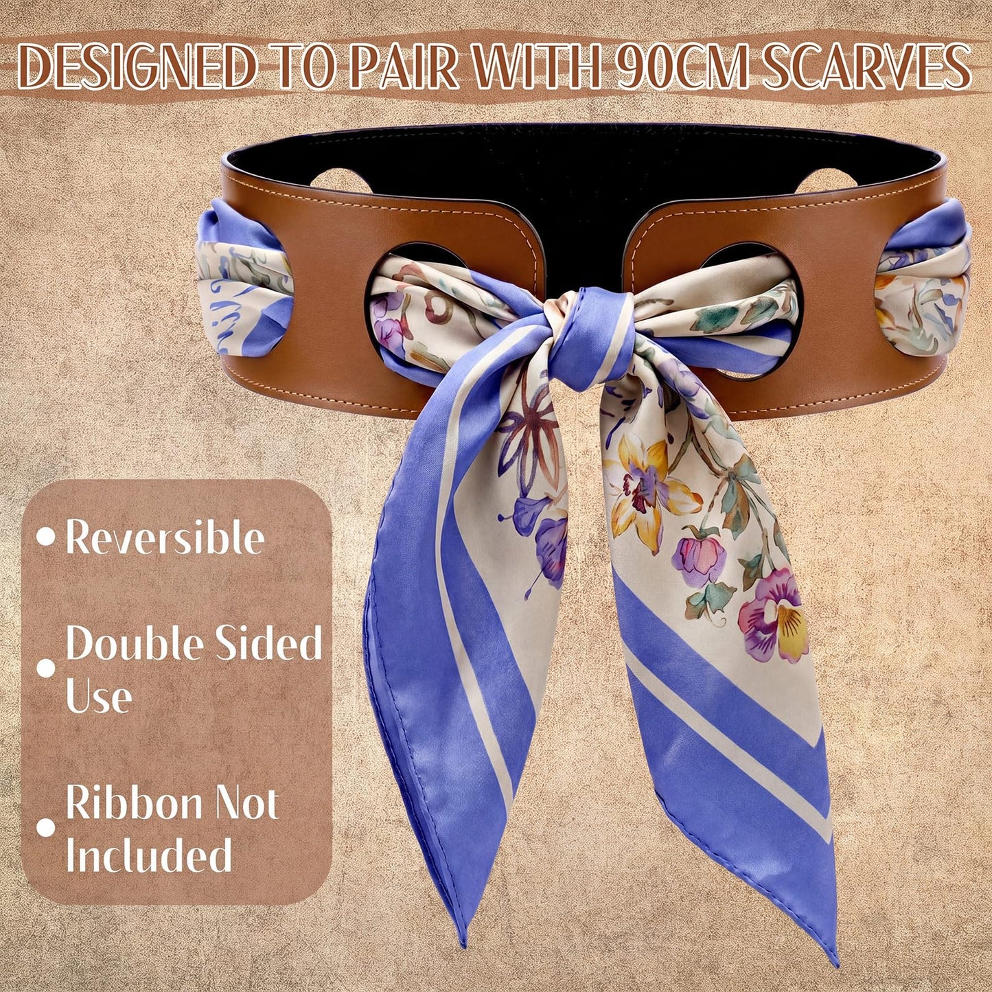 Twistover Reversible Scarf Waist Belt, Double Sided PU Leather Scarves Belt Accessory Wide Belts for Women Without Silk Scarf(Tan,35.4 Inches)