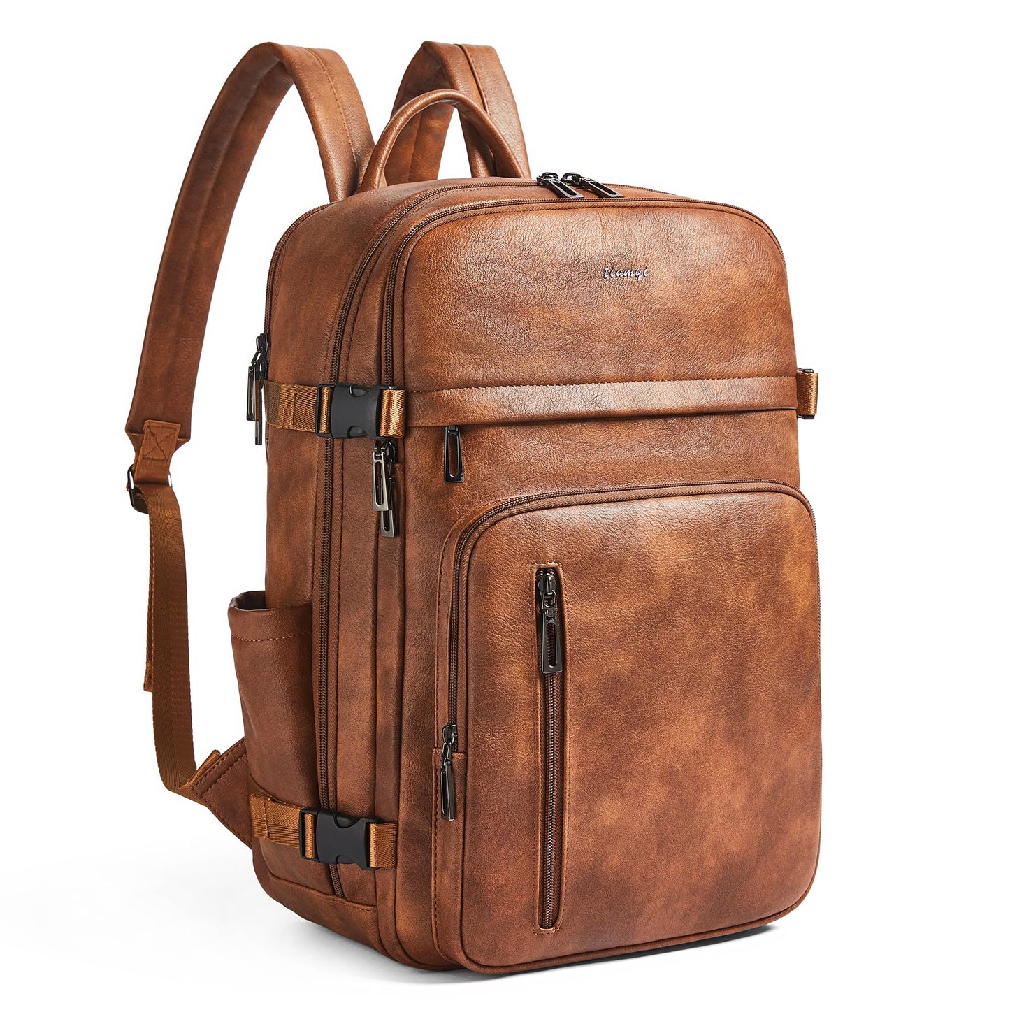tiamyi Travel Backpack for Women and Men, Fits 17.0" Laptop, Stylish Lay-Flat Carry-on Vegan Leather Backpack with Luggage Strap for Travel and Daily Use