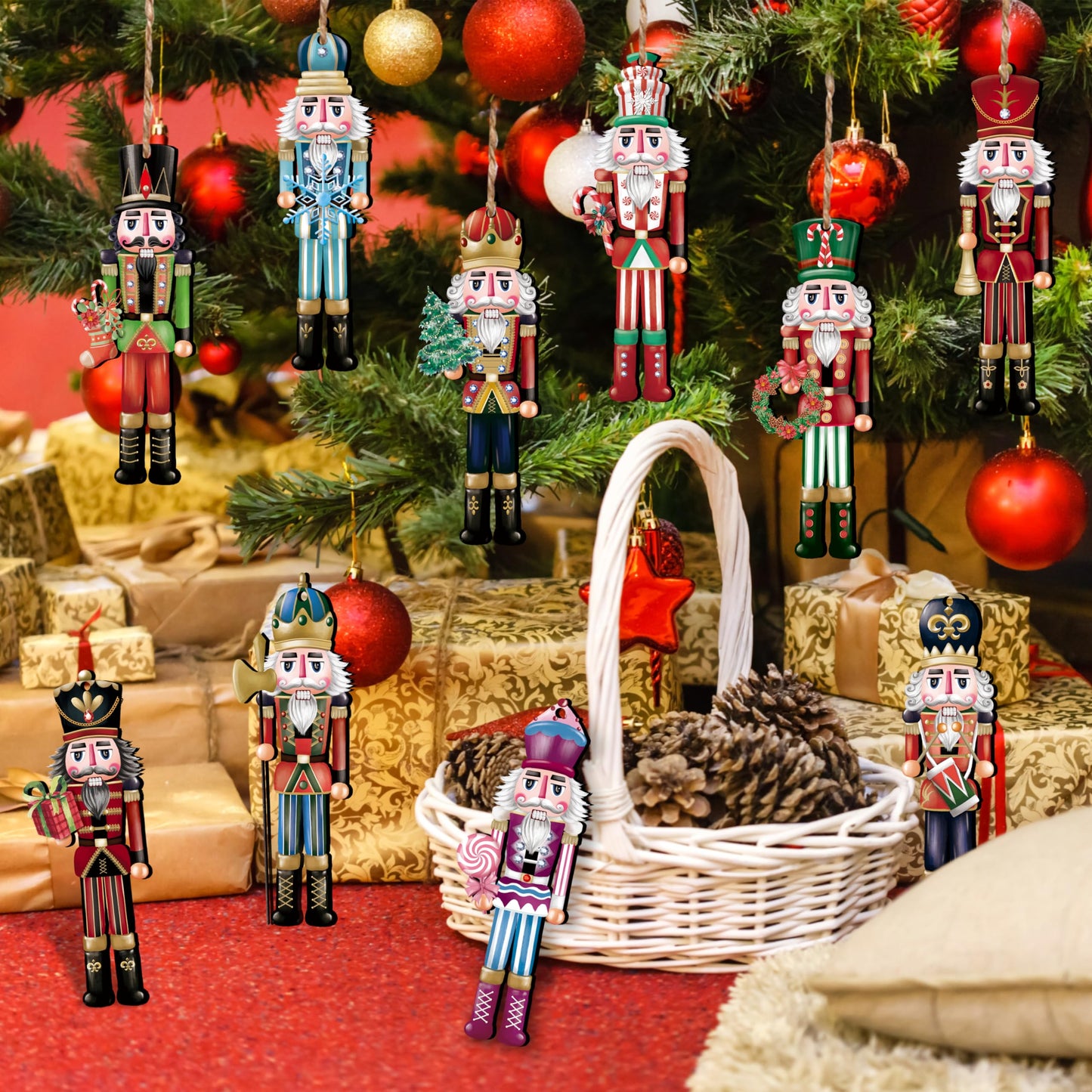 24 Pieces Christmas Nutcracker Wooden Ornaments, Wood Hanging Decoration Set for Christmas Tree Hanging 2D Printed Wood Crafts Holiday Decor Xmas Party Supplies (Xmas-Nutcracker-A)