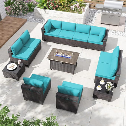 ALAULM 13 Pieces Patio Furniture Set with Fire Pit Table Outdoor Sectional Sofa Sets Outdoor Furniture 43" Gas Fire Pit CSA Approved PE Rattan Patio Conversation Set w/10 Seat Cushions (Blue)