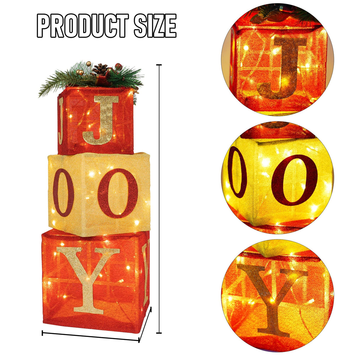 Hourleey Set of 3 Christmas Lighted Gift Boxes, Pre-lit 60 LED Light Up Joy Present Boxes Ornament Decorations for Indoor Outdoor Xmas Tree Home Yard Lawn Decor