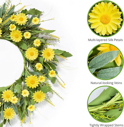 Front Door Wreath for Spring Summer 22"-24" Yellow Daisy Wreath with Artificial Greenery and Wildflowers - Farmhouse Floral Wreaths for Wall Porch Home Indoor Outdoor Décor