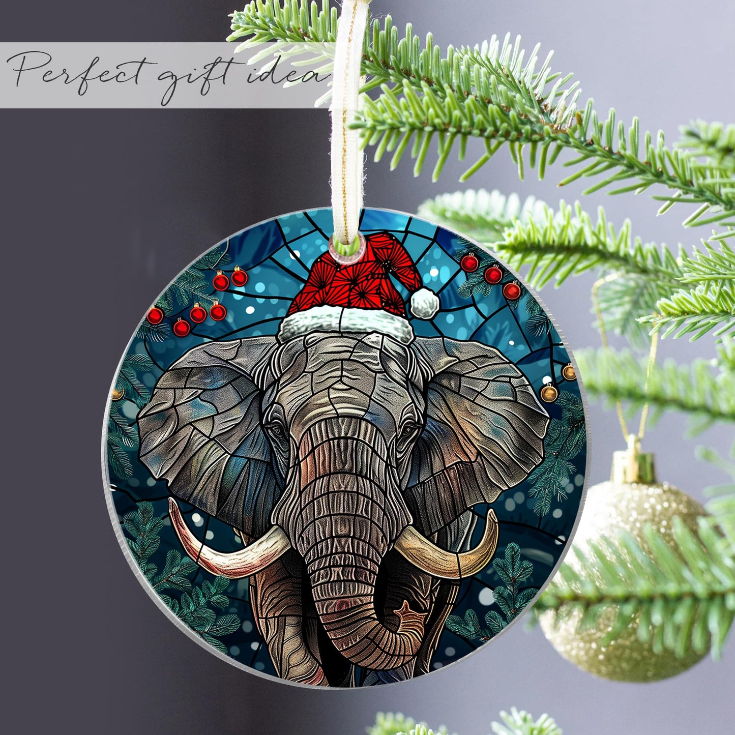 Fastpeace Elephant with Santa Hat Christmas Ornament - Stained Glass Style - Perfect Hanging Decoration for Tree - Gift for Family, Friends (Acrylic)