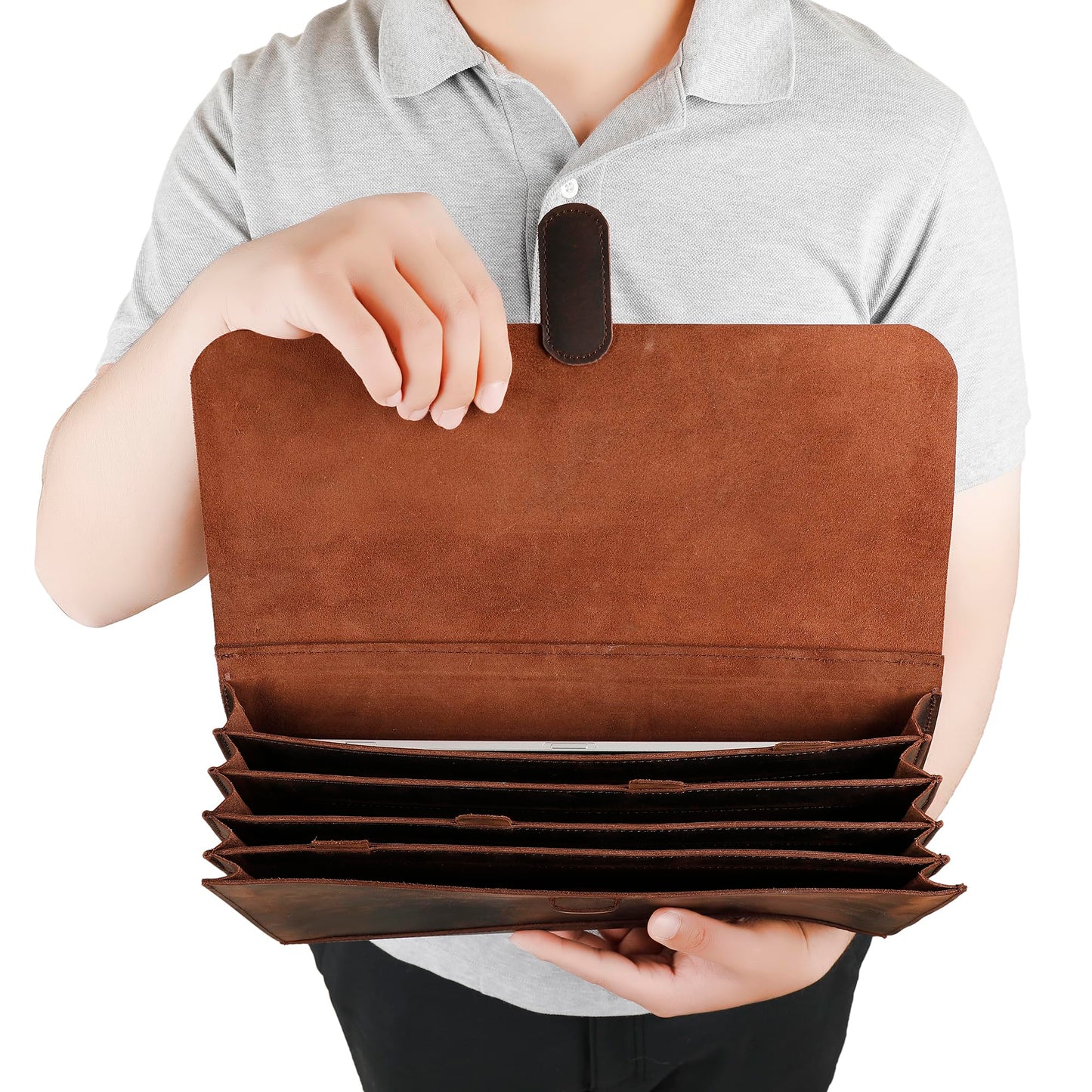 Genuine Leather File Folder, Accordian File Organizer, Leather Document Holder Resume Folio for Men & Women - Dark Brown