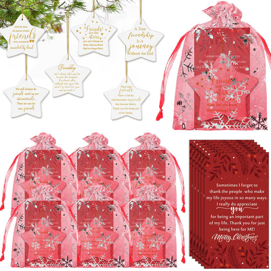Suzile 6 Pcs Friendship Christmas Ornaments Long Distance Sister Christmas Ornament Gift Round Sisters Friends Ornaments with Holiday Cards Organza Gift Bag for Christmas Tree (Star)