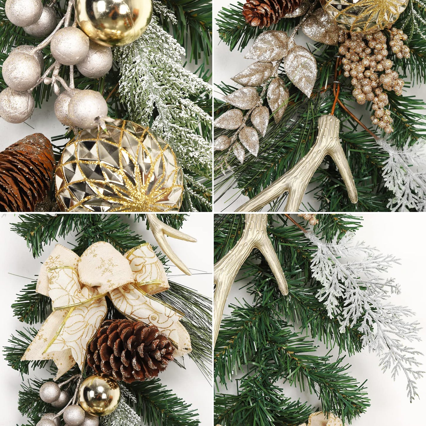Adeeing Christmas Garland with Lights, Champagne Gold 6FT 20LED Pre-Lit Christmas Garland with Ball Ornaments, Ribbons, Pine Cones and Artificial Antlers for Door Mantle Stairs Christmas Decoration