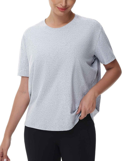 THE GYM PEOPLE Women's Short Sleeve Workout T-Shirts Back Loose Fit Running Yoga Tee Tops Heather Grey
