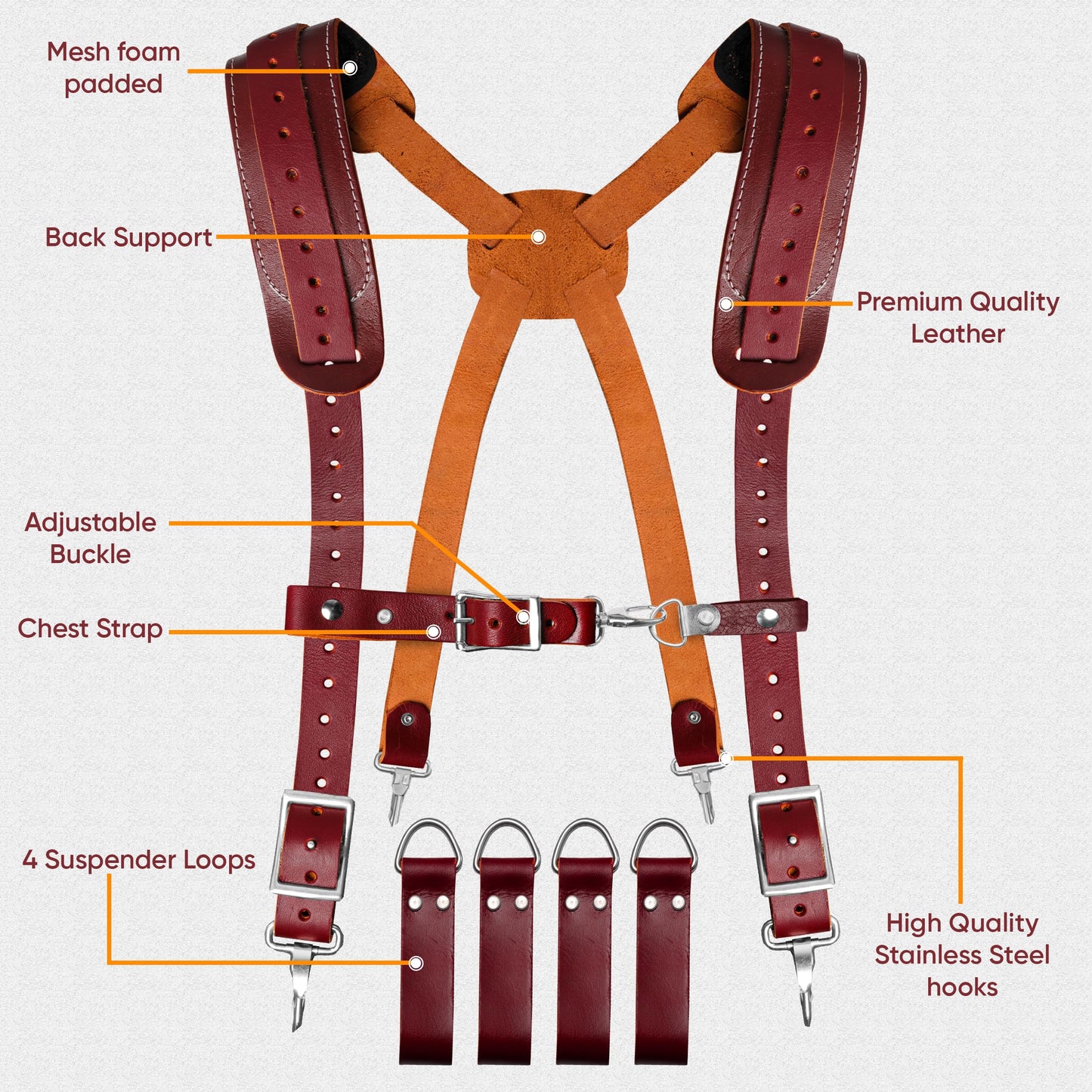 FUERI Maroon Full Grain Leather Tool Belt Suspender for Men | Heavy Duty Tools Suspenders with Foam Padding on Shoulder | Adjustable Suspender With 4 Loops for Carpenters and Electricians