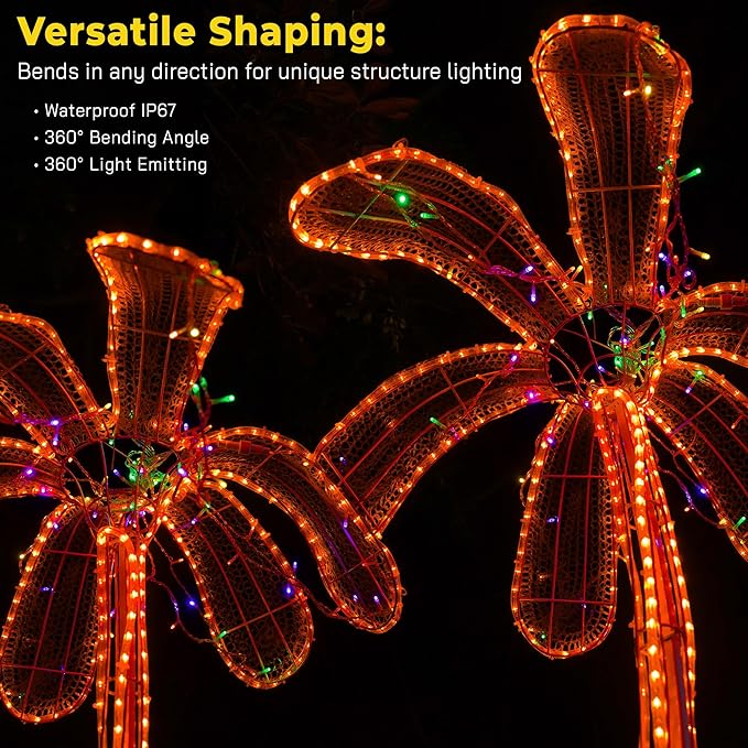 WYZworks 3312LEDs 300ft LED Outside Rope Lights, Outdoor ETL Certified Waterproof Permanent 360 Degree Flexible Bend & Light Emitting, Connectable, Christmas Palm Tree Exterior Landscape, Orange