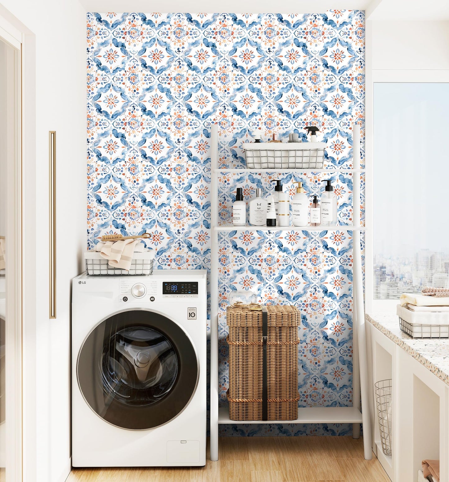 HAOKHOME Geometric Peel and Stick Wallpaper Tile Blue/White/Red Floral Damask Removable Wall Paper Modern Home Decor for Kitchen Backsplash 17.3in x 118in