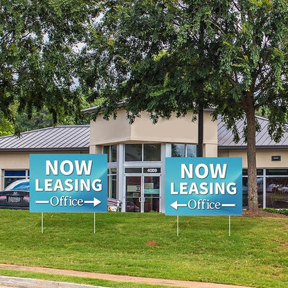 Ripeng 3 Pcs Leasing Double Sided Yard Signs with Arrow 16 x 12 Inch Yard Signs with Stakes for Outdoor Office Retail Store Restaurant Bar Hotel(Now Leasing Office)