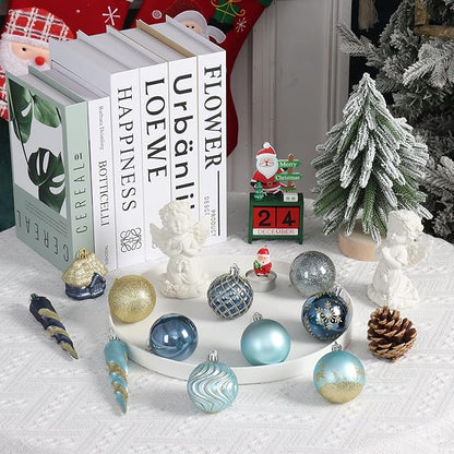124Ct Blue and Gold Christmas Tree Ornaments Set, Shatterproof Assorted Christmas Decorations for Xmas Tree Snowflake Icicle House Ball Ornaments Baubles for Holiday Party Decor（Blue & Gold）