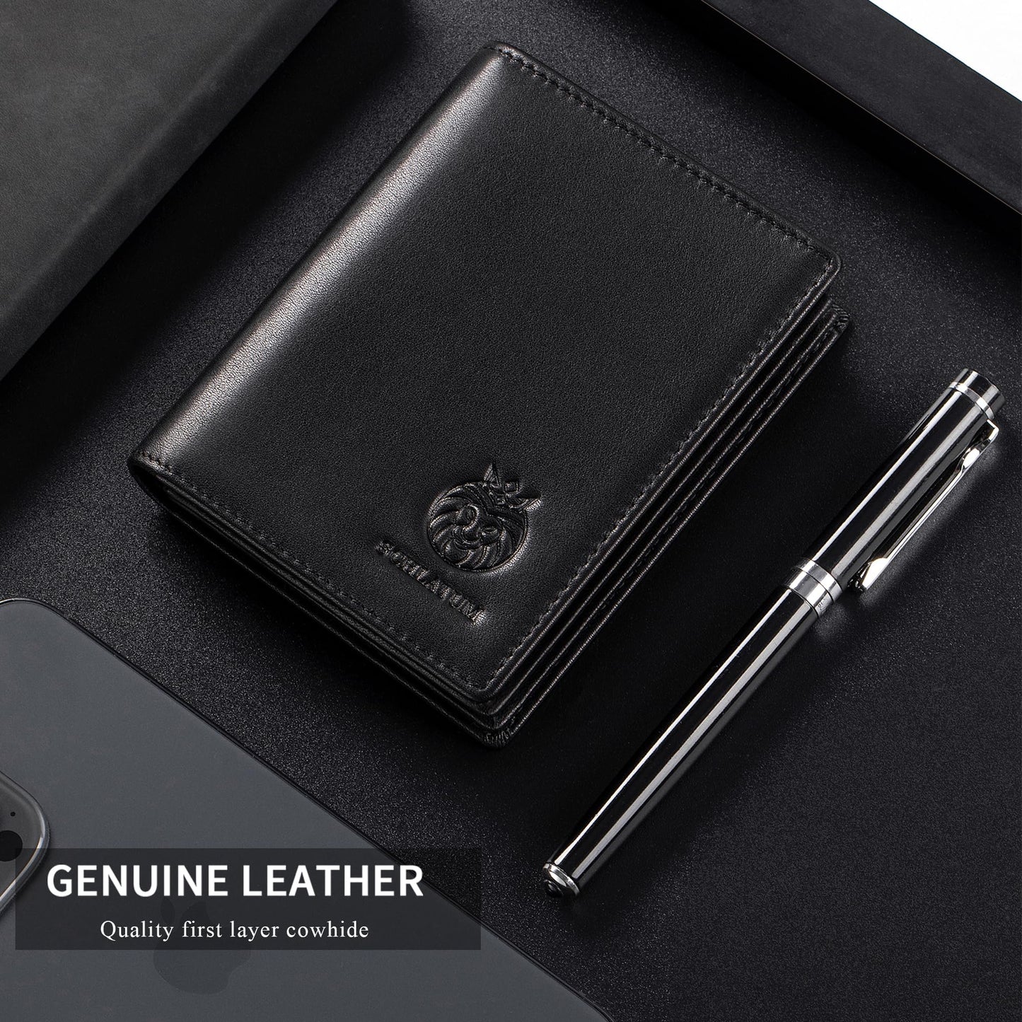 LUKZIJAES Genuine Leather Bifold Wallet for Men Rfid Blocking Large Capacity Vertical Wallets Mens with ID Window 15 Card Slots 2 Cash Pockets (Black)