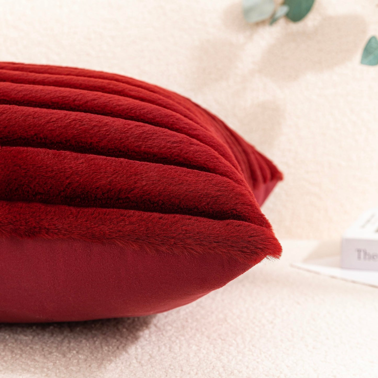 Uhomy Set of 2 Faux Fur Plush Christmas Red Decorative Throw Pillow Covers Fuzzy Striped Soft Pillowcase Cushion Covers for Sofa Couch Bedroom 12x20 inch 30x50 Cm Burgundy Red