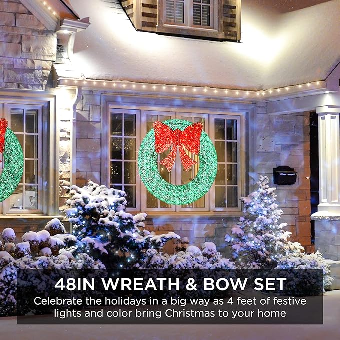 Best Choice Products 48in Pre-Lit Outdoor Christmas Wreath Decoration, LED Metal Holiday Decor for Home w/ 140 Lights, Bow - Green/Red