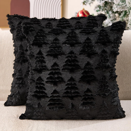 Allorry Christmas Pillow Covers 18x18 Set of 2 Christmas Decoration Black Xmas Tree Pillow Cases Plush Faux Fur Soft Cushion Case for Winter Xmas Holiday Home Bedroom Sofa Decors SY-003-J18