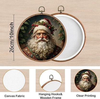 KSDUT Vintage Christmas Wall Decor Art - Retro Santa Claus Wall Art Canvas Frame Hanging Prints, Merry Christmas Xmas Holiday Round Wall Art Decor for Farmhouse Home Decorations 10"x10"