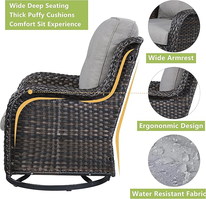 Rilyson Wicker Patio Furniture Set - 6 Piece Rattan Outdoor Sectional Conversation Sets with 2 Swivel Rocking Chairs,2 Ottomans,1 Loveseat and 1 Coffee Table for Porch Deck Garden(Brown/Grey)