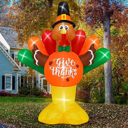 14FT Thanksgiving Inflatables Turkey, Giant Blow Up Turkey with Colorful Tail, Lighted Thanksgiving Outdoor Decorations Give Thanks Turkey Pumpkin for Fall Autumn Harvest Holiday Yard Decor