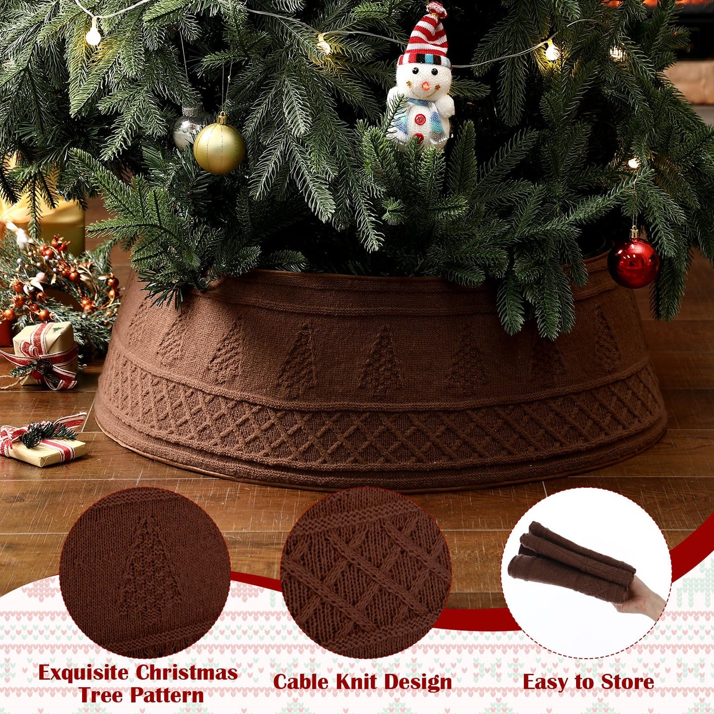 VioraWhite 28 Inch Christmas Tree Collar, Neutral Chunky Cable Knit Tree Base Cover Ring Skirt, Rustic Farmhouse Basket Collar for Xmas Home Office Holiday Decor, Fits 4-6 ft Trees(Dark Khaki)